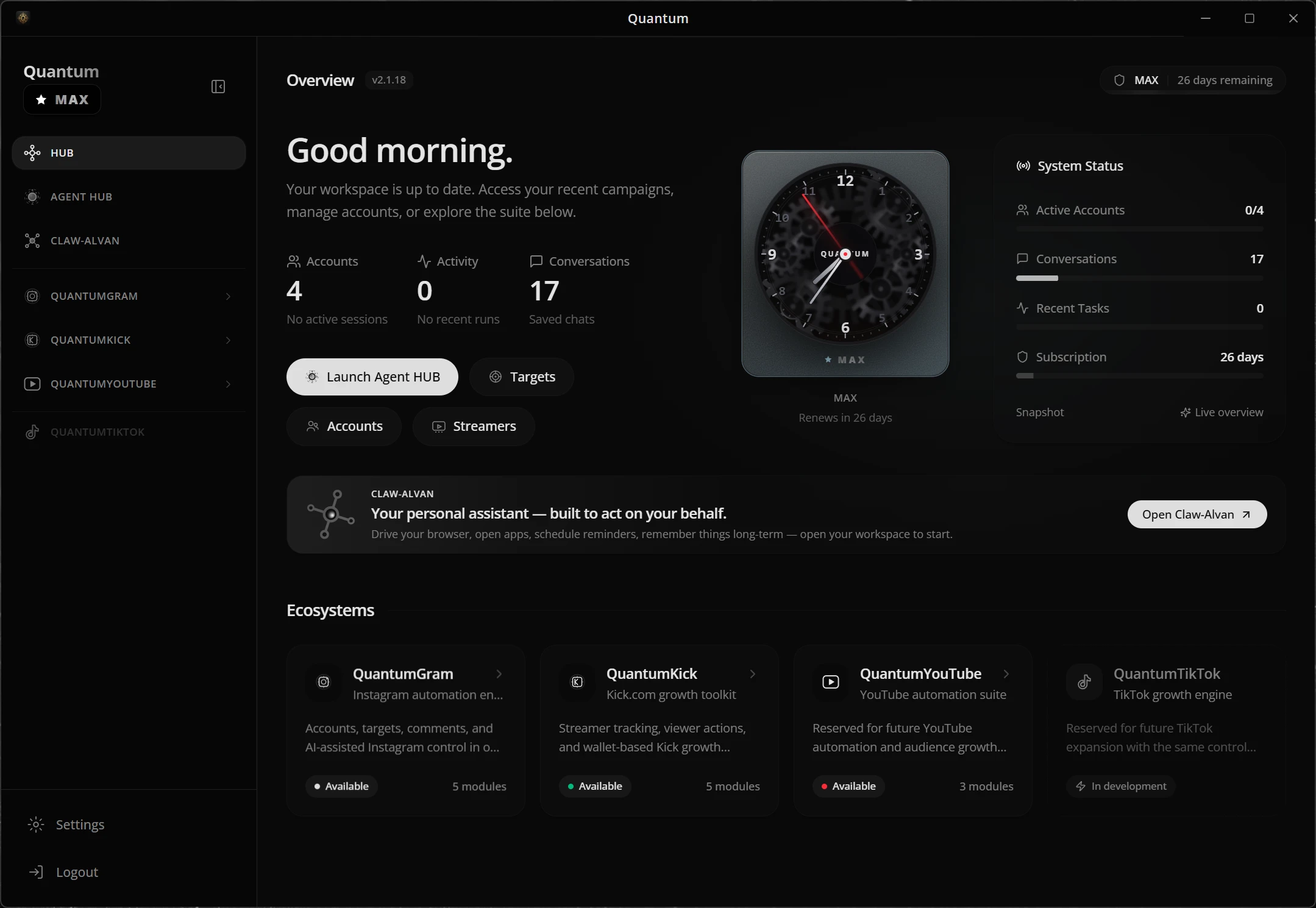 The QuantumHub desktop app, showing the Overview screen with connected accounts, recent activity, and the ecosystem list.