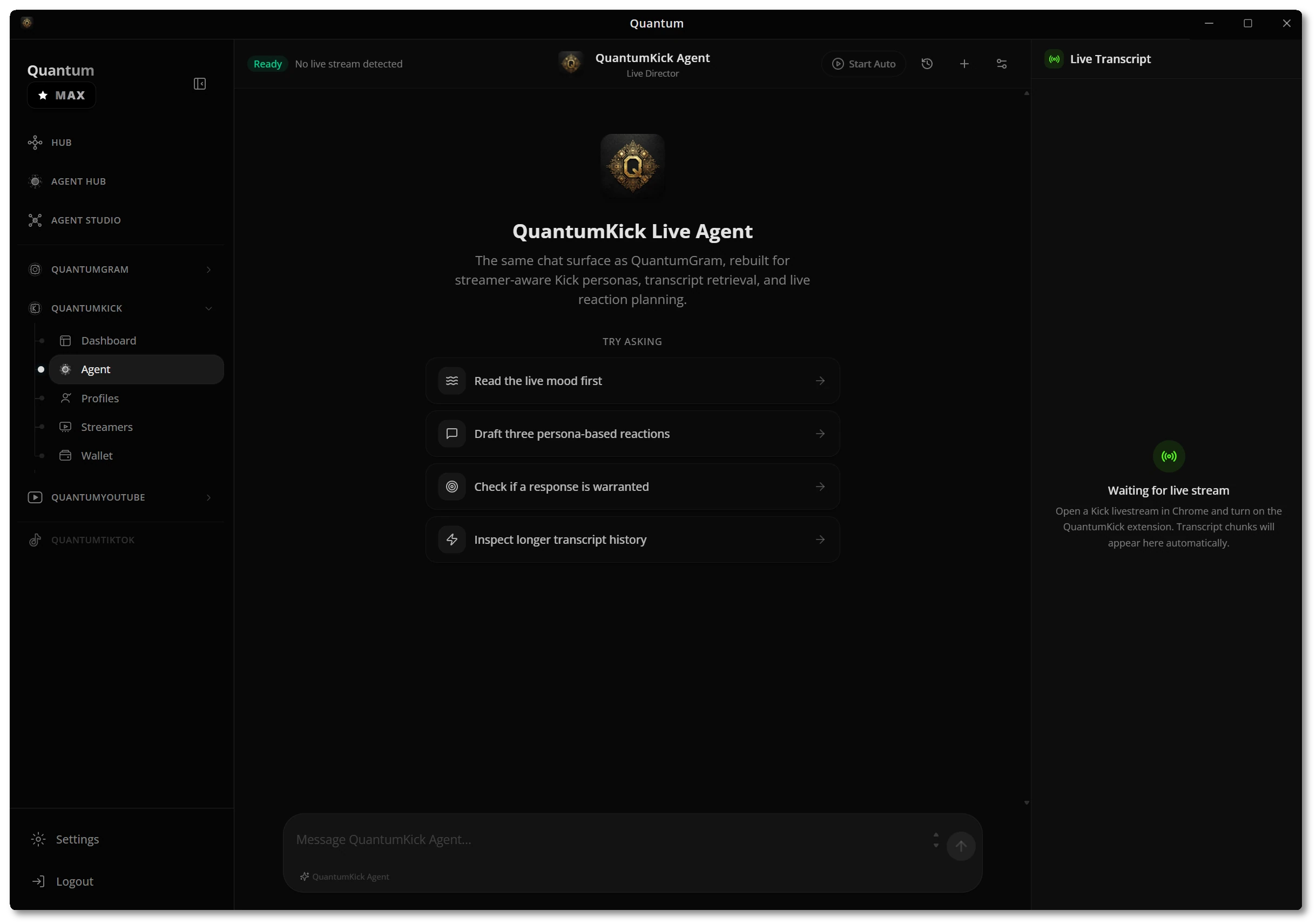 QuantumKick live agent with live transcript