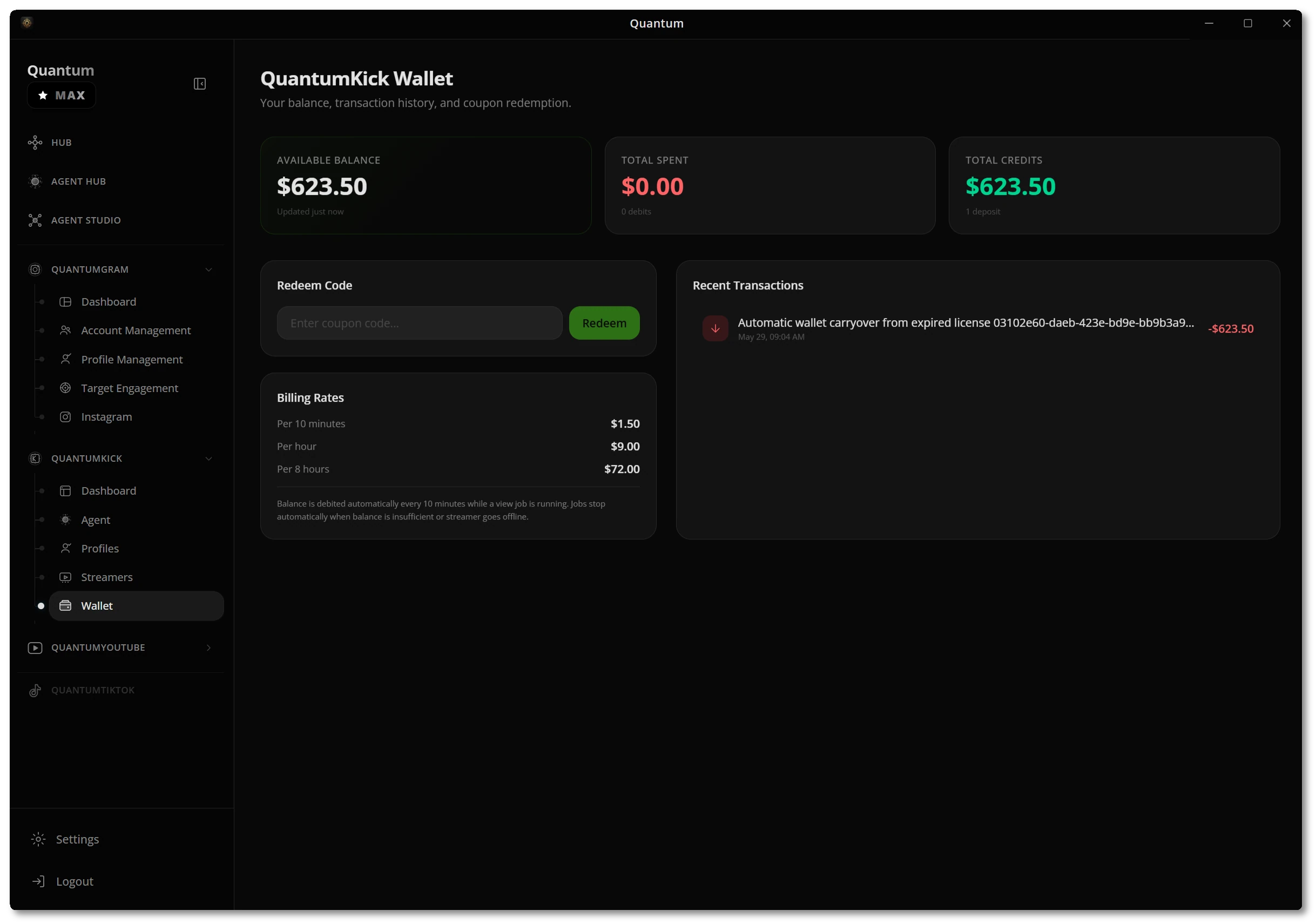 QuantumKick wallet and transactions