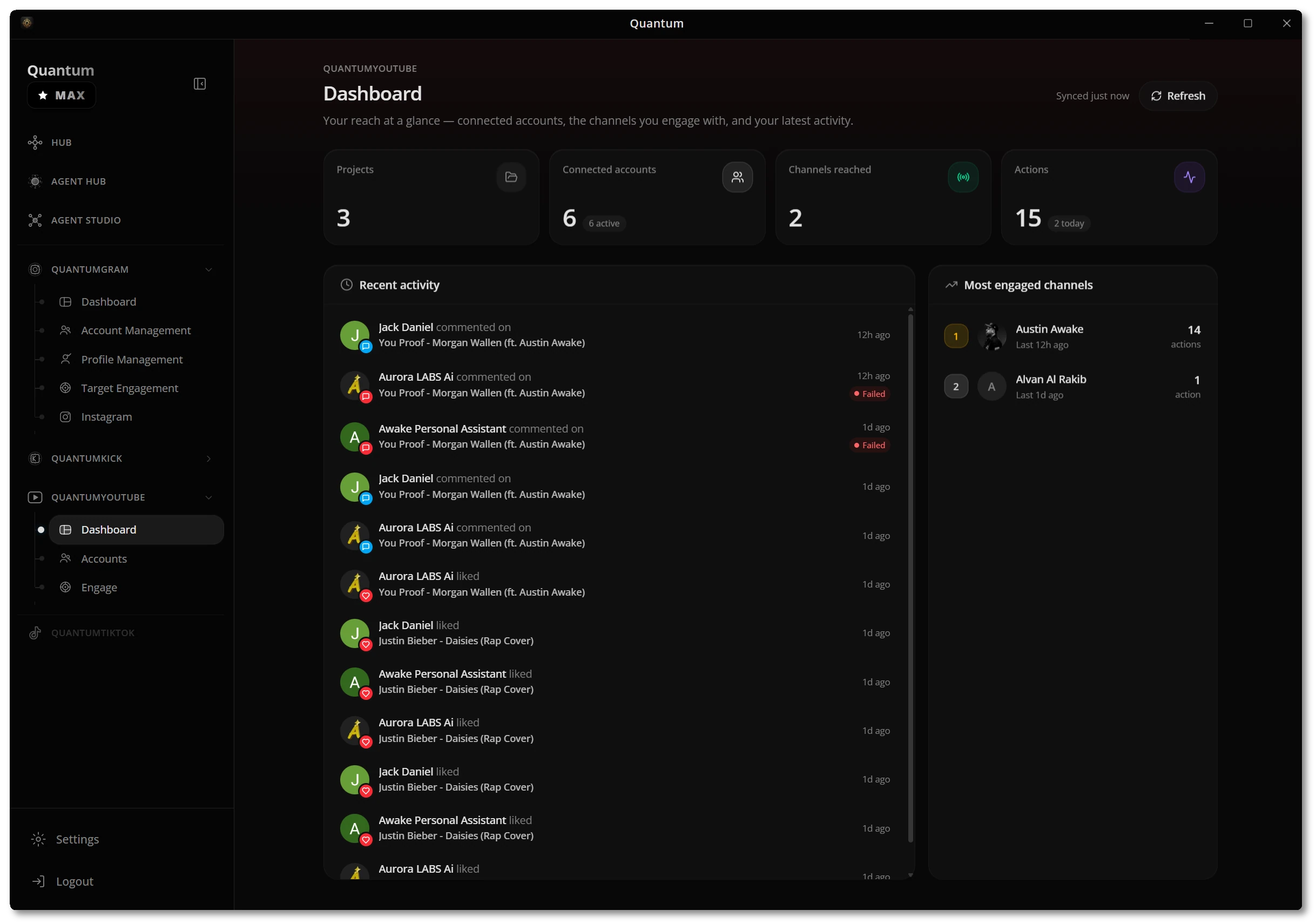 YouTube dashboard — reach at a glance