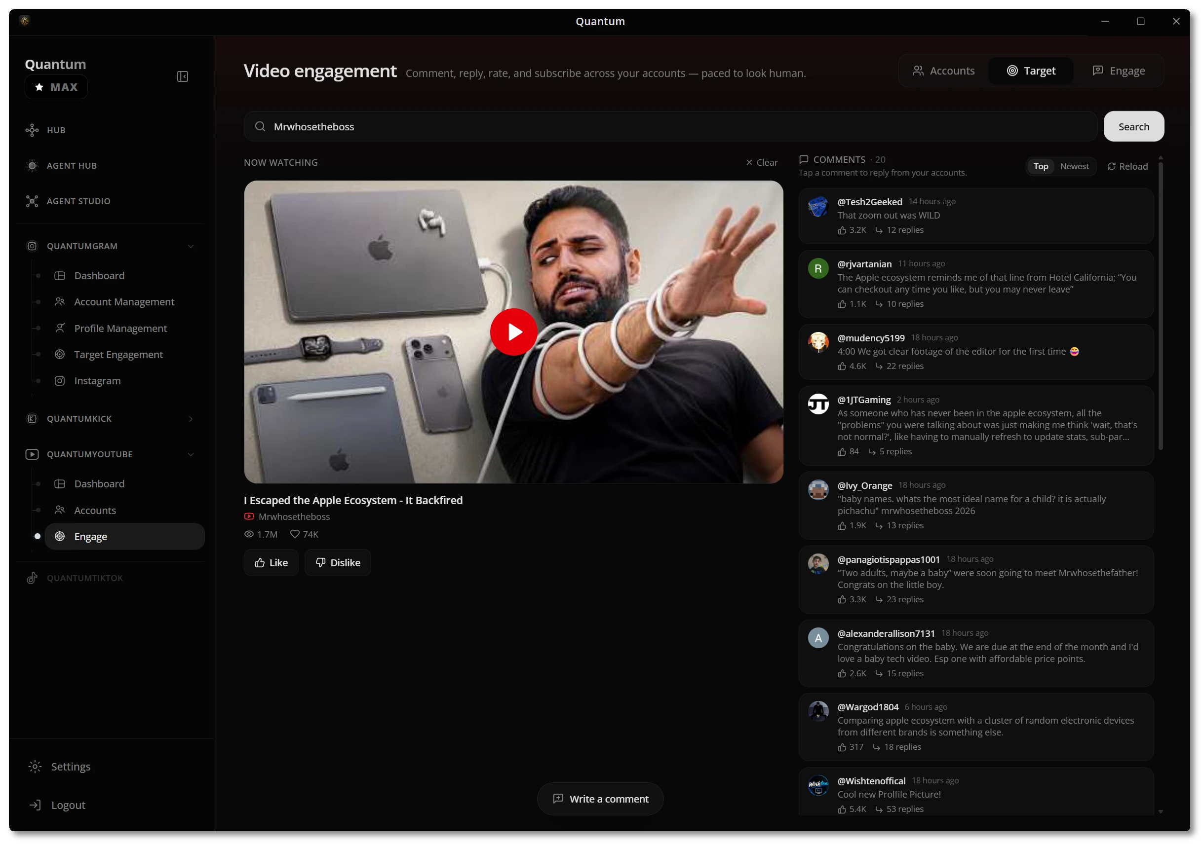 YouTube video engagement with live comments