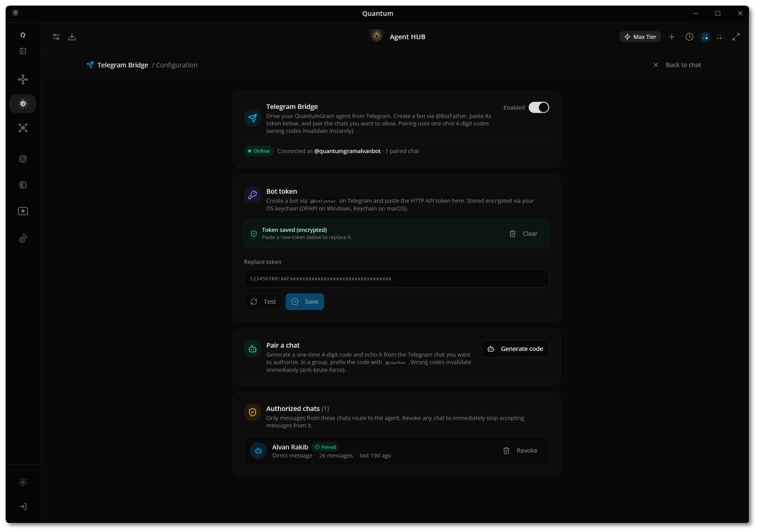 Telegram bridge with encrypted token