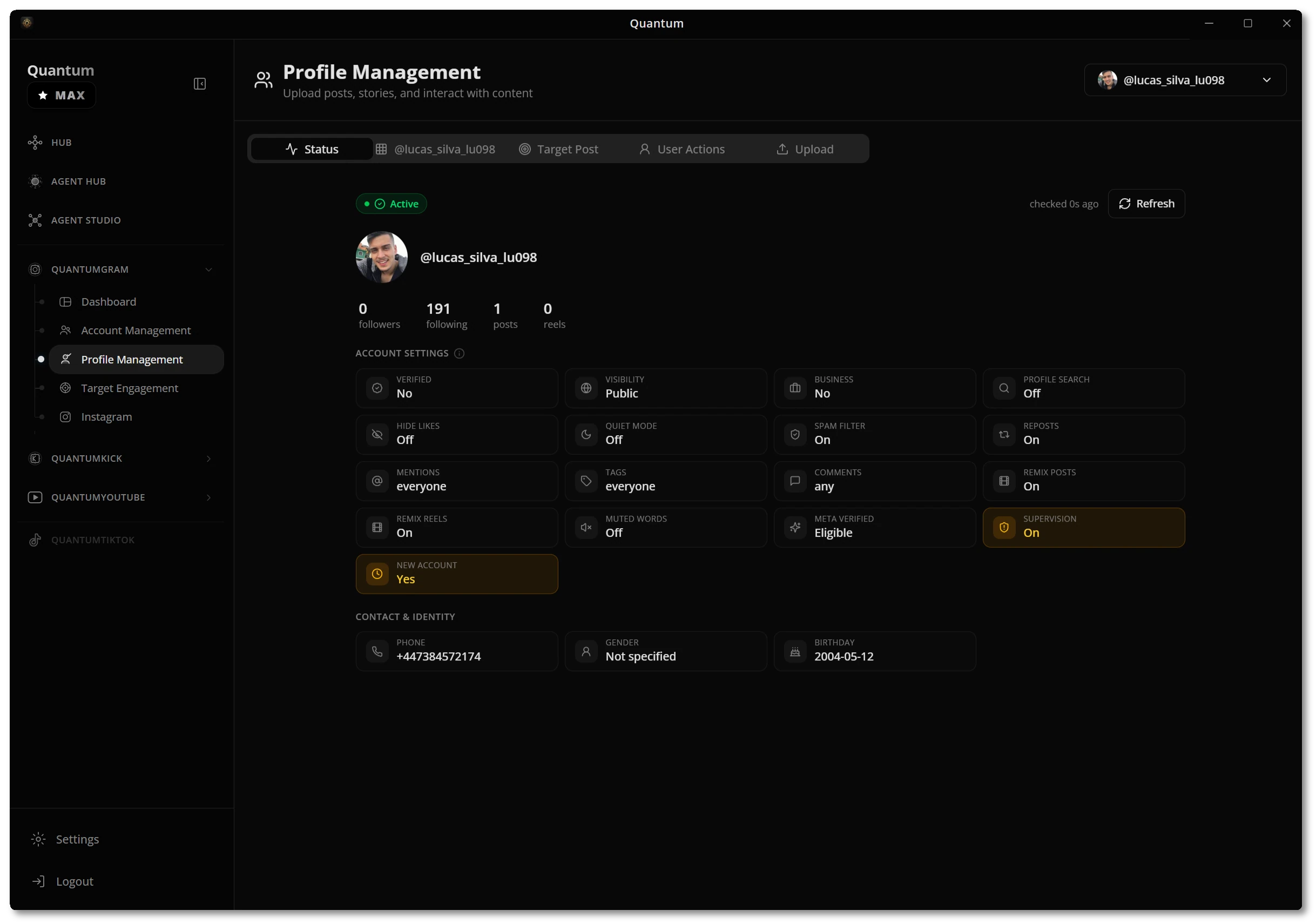 Profile status and settings grid