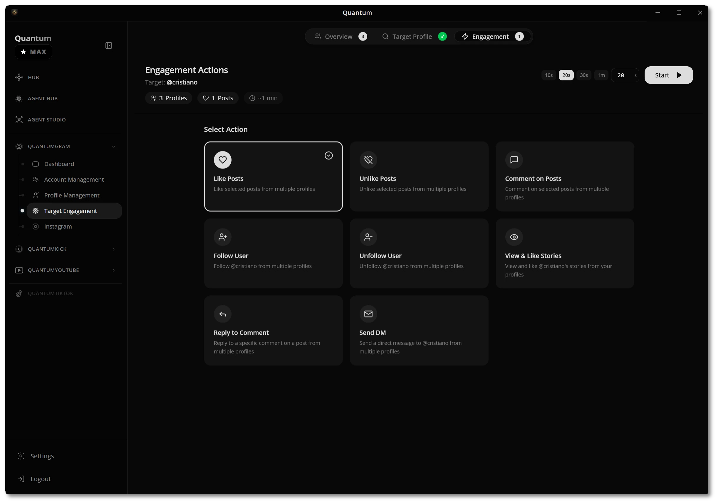 Engagement actions — like, follow, comment, DM