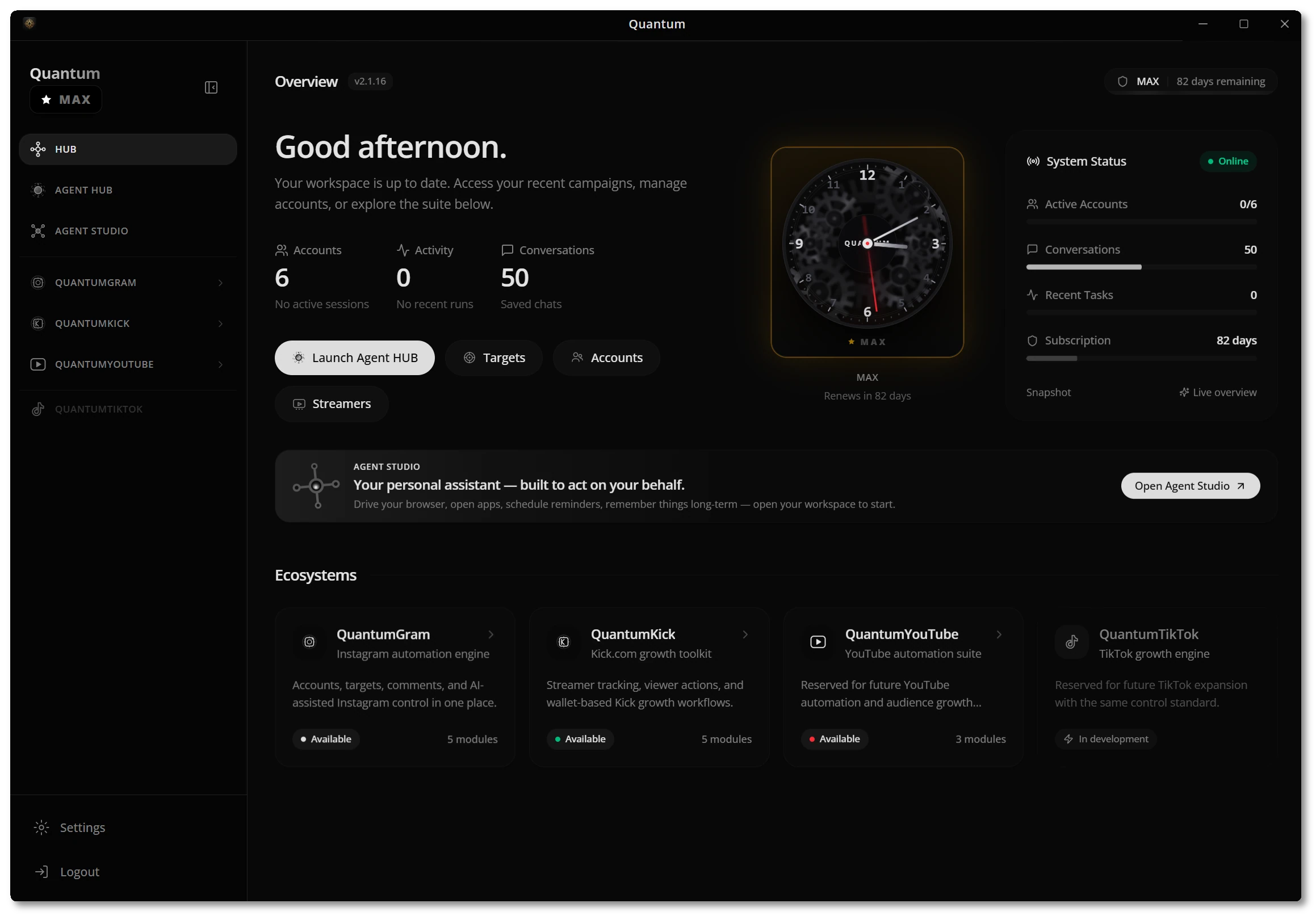 QuantumHub Overview — your workspace command center